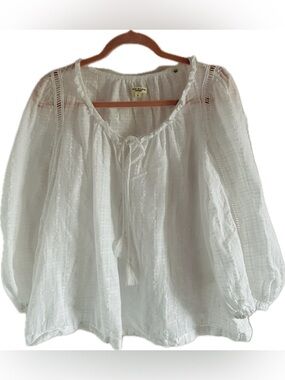 Max Studio London Cotton Peasant Style Blouse with Tassel Tie & Balloon Sleeves
